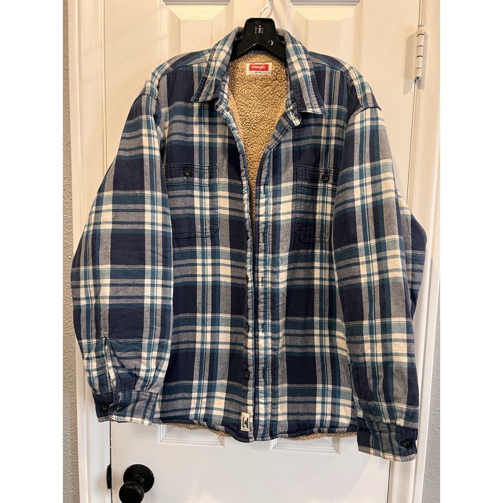 Wrangler Men XL Sherpa Lined Flannel Shirt Jacket Blue Plaid Shacket Heavyweight